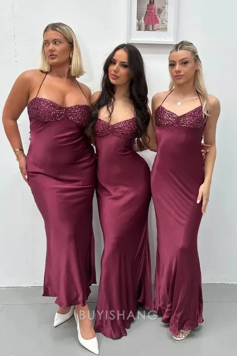 Elegant Women's Halter Neck Beaded Satin Mermaid Maxi Dress Prom Dress